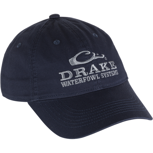 Blue Cotton Twill Systems Cap with white text, contoured bill, and brass buckle backstrap. Final Sale item from Drake Waterfowl, known for high-quality hunting gear.