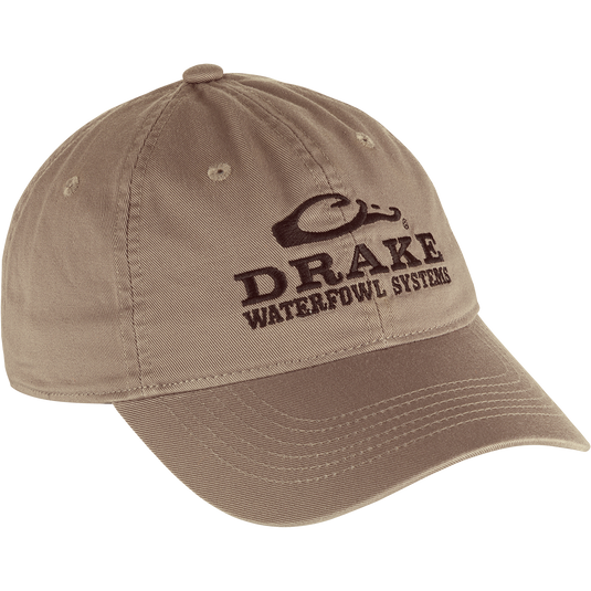 Cotton Twill Systems Cap featuring a logo, low-profile design, contoured bill, and brass buckle backstrap, ideal for stylish outdoor activities.