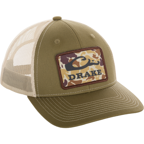 Old School Patch Mesh Back Cap with a snake patch, 6-panel structured crown, pre-curved visor, and adjustable snap-back closure.