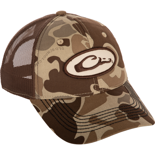 Oval Patch Ranger Camo Mesh Back Cap featuring a structured six-panel design, iconic Drake Head Oval logo on front, and a breathable mesh back with snap closure.