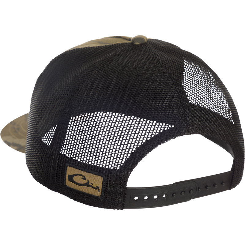 Ranger Camo Mesh Back Cap featuring the Drake Stacked Waterfowl Systems Logo, with a structured five-panel design, mesh back, and pre-curved visor.