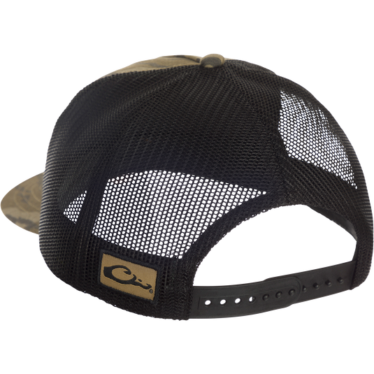 Ranger Camo Mesh Back Cap featuring the Drake Stacked Waterfowl Systems Logo, with a structured five-panel design, mesh back, and pre-curved visor.