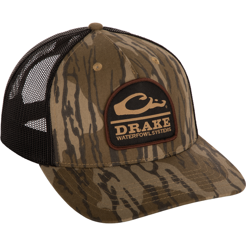 Ranger Camo Mesh Back Cap with brown patch featuring Drake Stacked Waterfowl Systems Logo, five-panel structure, pre-curved visor, and adjustable snapback closure.