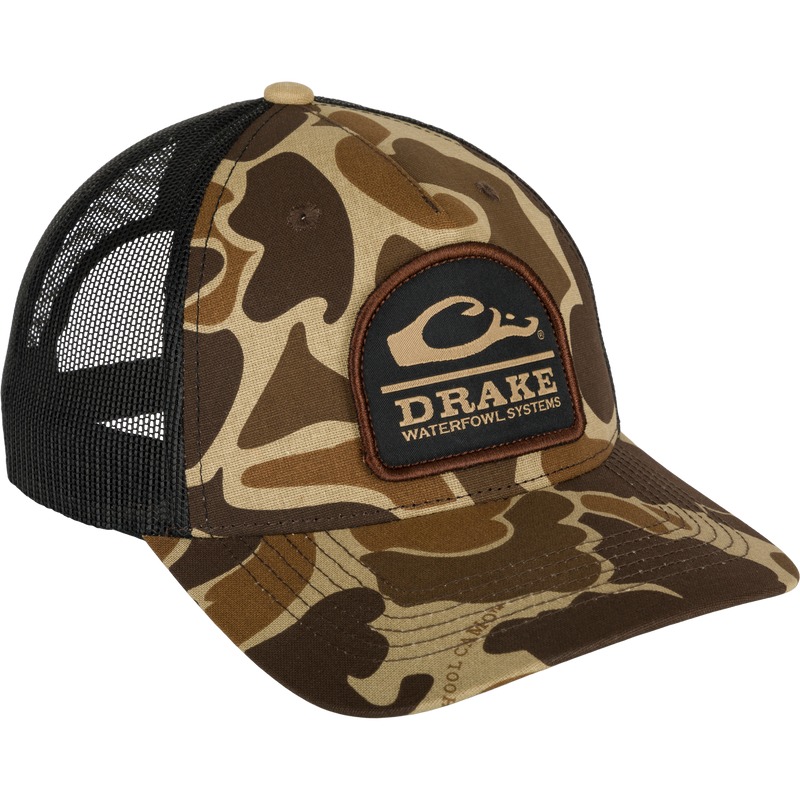 Ranger Camo Mesh Back Cap with a camouflage patch, featuring a structured five-panel design, pre-curved visor, and adjustable snapback closure.