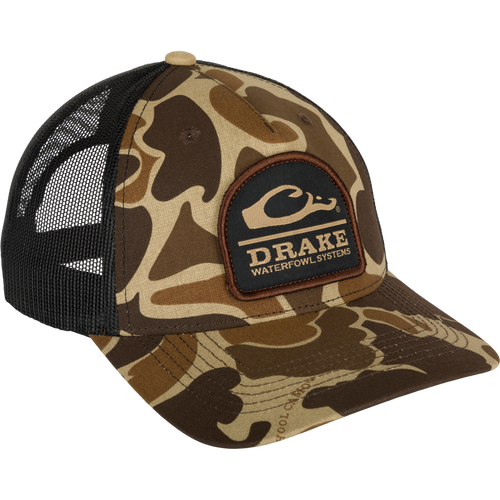 Ranger Camo Mesh Back Cap with a camouflage patch, featuring a structured five-panel design, pre-curved visor, and adjustable snapback closure.