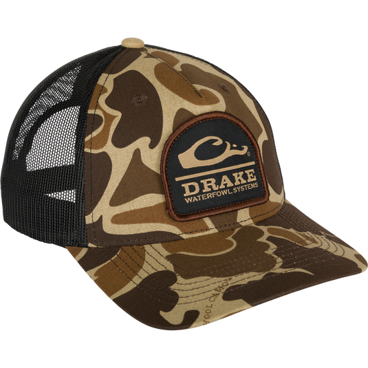 Ranger Camo Mesh Back Cap with a camouflage patch, featuring a structured five-panel design, pre-curved visor, and adjustable snapback closure.