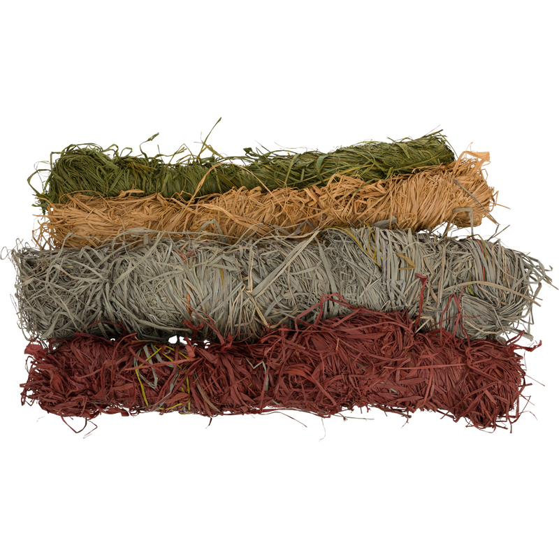 Bundles of 5lb Raffia Grass Assortment, ideal for camouflaging in natural environments, sorted by length for easy application to hunting blinds.