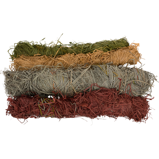 Bundles of 5lb Raffia Grass Assortment, ideal for camouflaging in natural environments, sorted by length for easy application to hunting blinds.