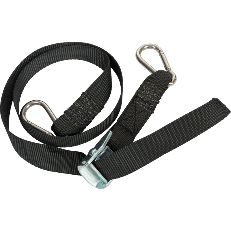 Black strap with a metal clasp for the Drake 1 HP Ice Grinder, essential for securing equipment during hunting and ensuring stability in various water conditions.