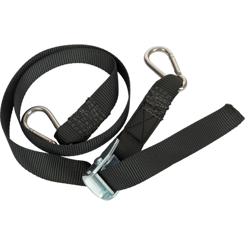 Black strap with a metal clasp for the Drake 1 HP Ice Grinder, essential for securing equipment during hunting and ensuring stability in various water conditions.