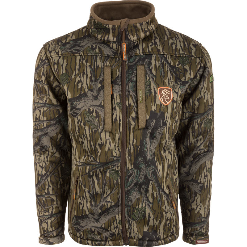 Silencer Full Zip Jacket Full Camo with Scent Control, featuring vertical chest pockets, lower zippered pockets, and Agion Active X2® scent control technology.