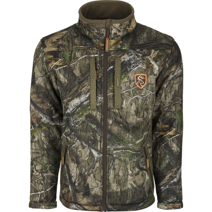 Silencer Full Zip Jacket in camouflage pattern, featuring scent control, vertical chest pockets, and lanyards for hunting gear.