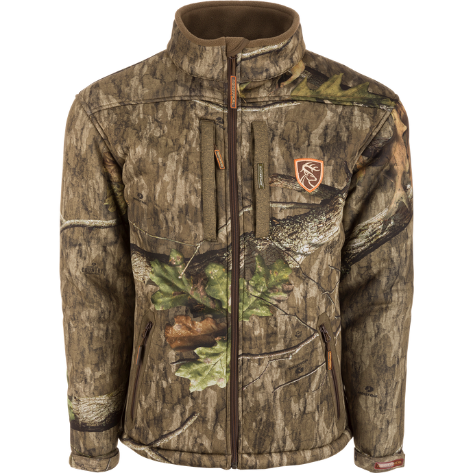 Silencer Full Zip Jacket Full Camo with Scent Control, featuring a camouflage design, vertical chest pockets, and Agion Active X2® scent control technology.