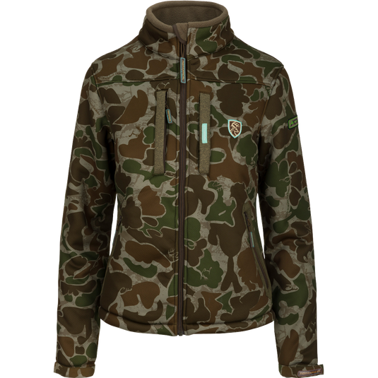 Women’s Silencer Full Zip Jacket Full Camo with Agion Active XL, featuring vertical chest pockets with lanyards and a durable, breathable fabric for big game hunting.