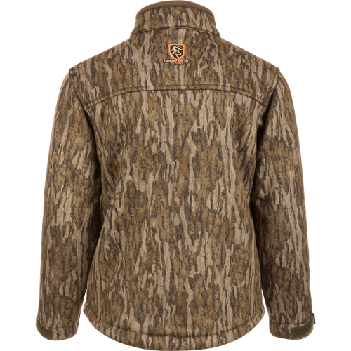 Youth Silencer Full Zip Jacket Full Camo with Scent Control featuring camouflage pattern, logo, vertical chest pockets, and durable fabric designed for hunting.