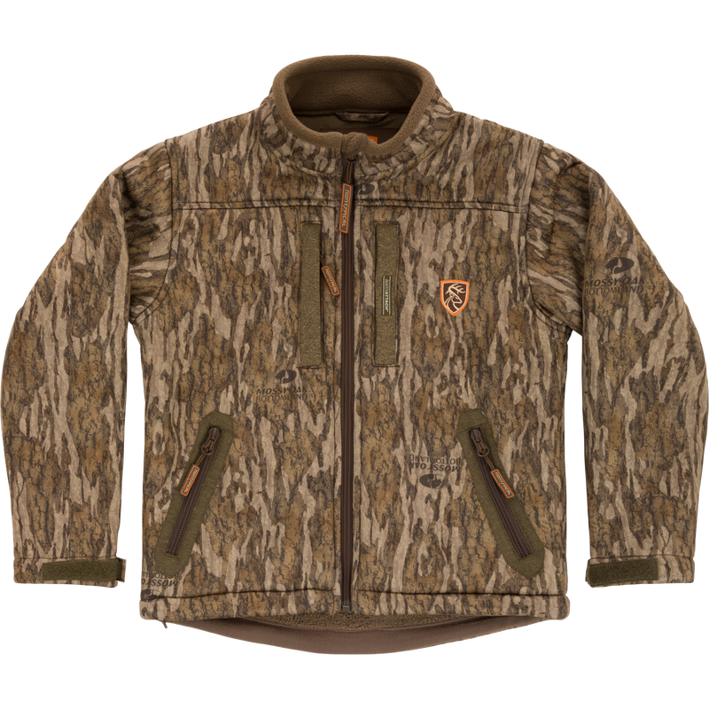 Youth Silencer Full Zip Jacket Full Camo with Scent Control, featuring a durable camouflage design, vertical chest pockets, and a front zipper. Ideal for hunting with scent control technology.