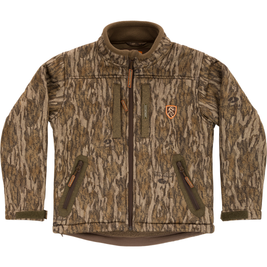 Youth Silencer Full Zip Jacket Full Camo with Scent Control, featuring a durable camouflage design, vertical chest pockets, and a front zipper. Ideal for hunting with scent control technology.