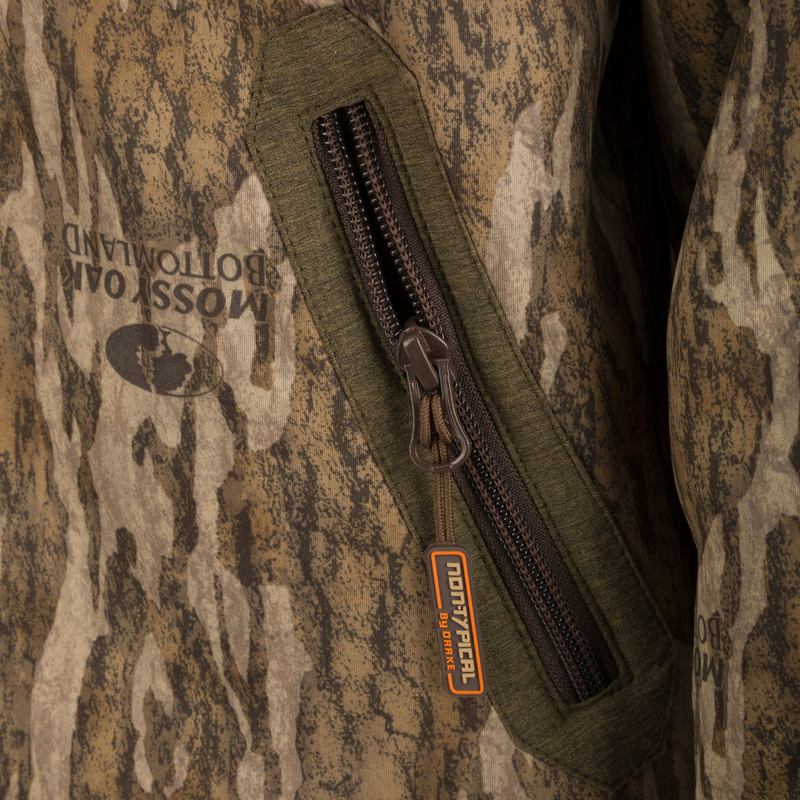 Youth Silencer Full Zip Jacket Full Camo with Scent Control, featuring a close-up of a durable zipper on a camouflage fabric.