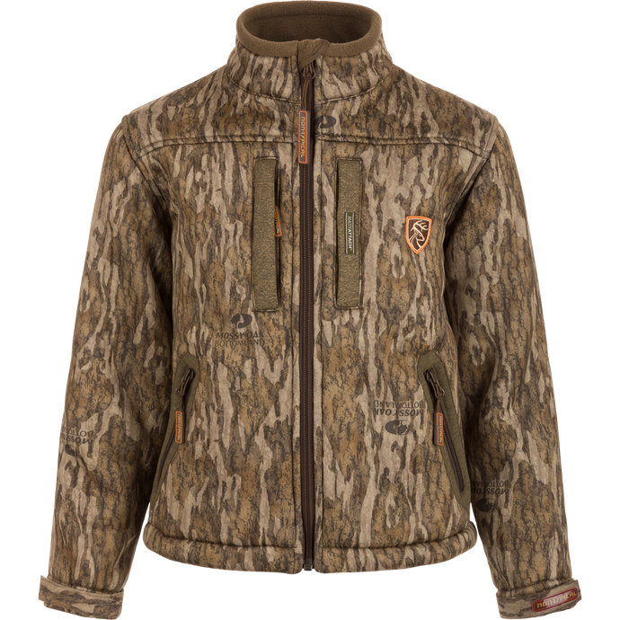 Youth Silencer Full Zip Jacket Full Camo with Scent Control, featuring a camouflage pattern, vertical chest pockets with lanyards, and a zipper for hunting gear.