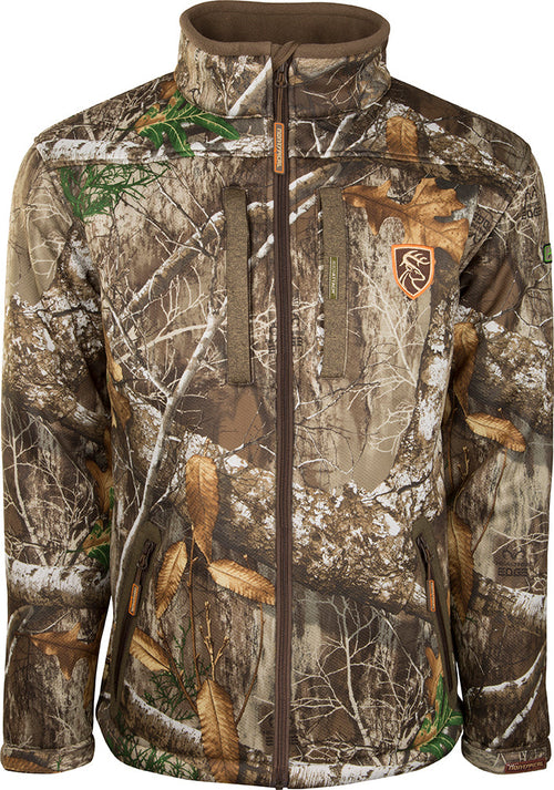 Youth Silencer Full Zip Jacket in full camouflage pattern, featuring Agion Active XL® scent control, vertical chest pockets, and lanyards for hunting gear, designed for big game hunting.