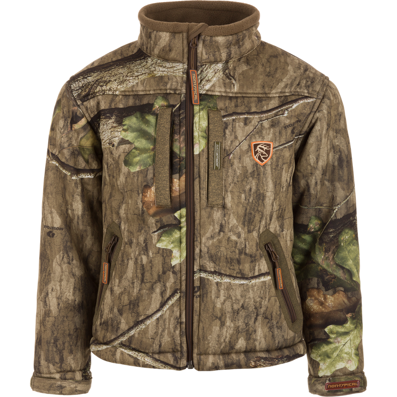 Youth Silencer Full Zip Jacket Full Camo with Scent Control, featuring vertical chest pockets, lanyards, and a durable, quiet fabric ideal for big game hunting.