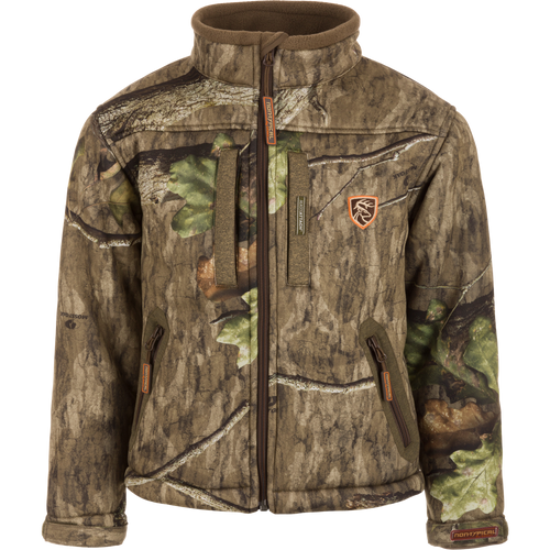 Youth Silencer Full Zip Jacket Full Camo with Scent Control, featuring vertical chest pockets, lanyards, and a durable, quiet fabric ideal for big game hunting.