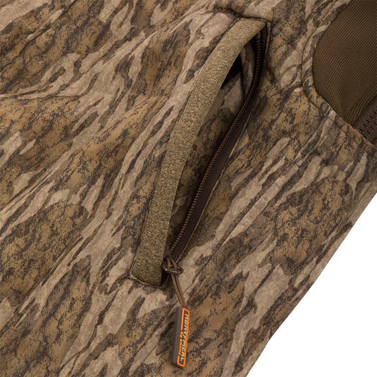 Close-up of the zipper on the Youth Silencer Bib With Agion Active XL, showcasing durable fabric and scent control technology for hunting.