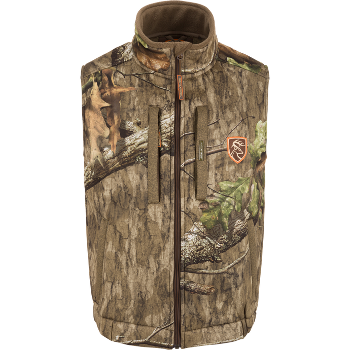 Alt text: Silencer Vest with Agion Active XL featuring camouflage design, vertical zippered chest pocket, and lower zipped pockets, ideal for hunting.