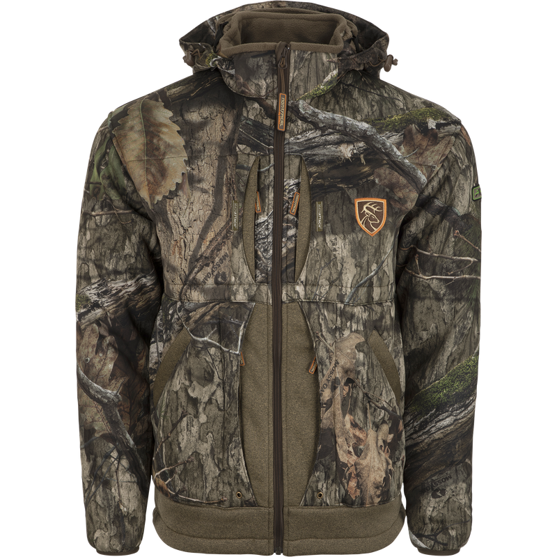 Stand Hunter's Silencer Jacket with Scent Control features a camouflage pattern, multiple zippered pockets, and a brown patch with a deer head.