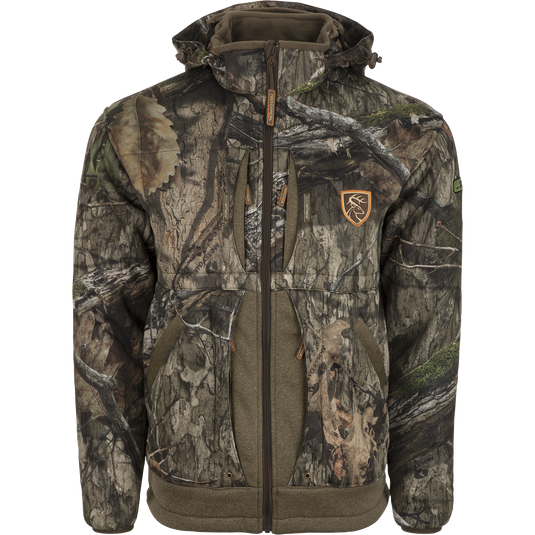 Stand Hunter's Silencer Jacket with Scent Control features a camouflage pattern, multiple zippered pockets, and a brown patch with a deer head.