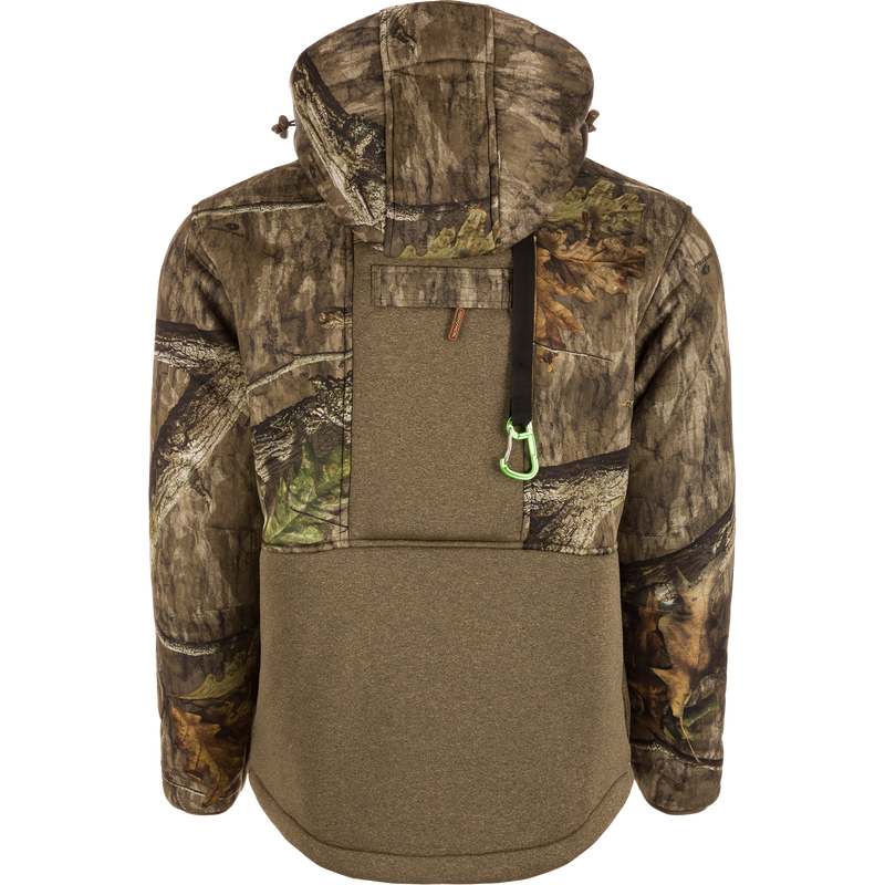 Stand Hunter's Silencer Jacket with Scent Control, featuring a camouflage design, detachable hood, multiple pockets, and a carabiner clip.