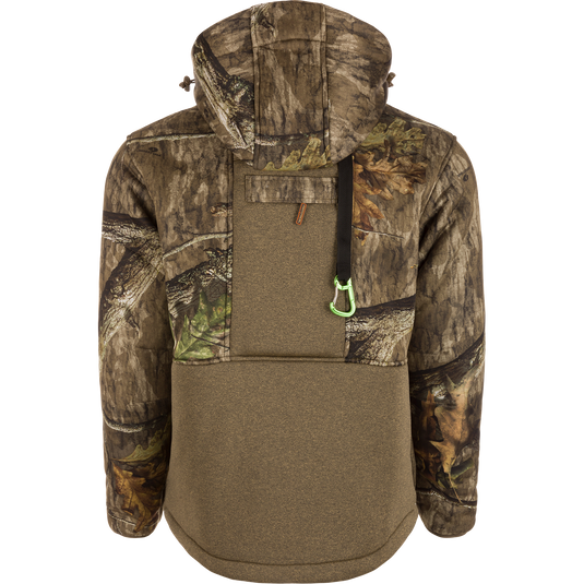 Stand Hunter's Silencer Jacket with Scent Control, featuring a camouflage design, detachable hood, multiple pockets, and a carabiner clip.