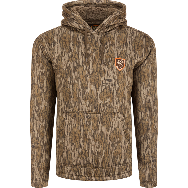Non-Typical LST Silencer Fleece-Lined Hoodie featuring a camouflage pattern, double-lined drawstring hood, and kangaroo pouch, ideal for keeping warm during outdoor activities.