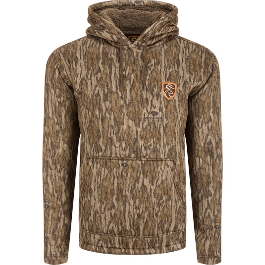 Non-Typical LST Silencer Fleece-Lined Hoodie featuring a camouflage pattern, double-lined drawstring hood, and kangaroo pouch, ideal for keeping warm during outdoor activities.