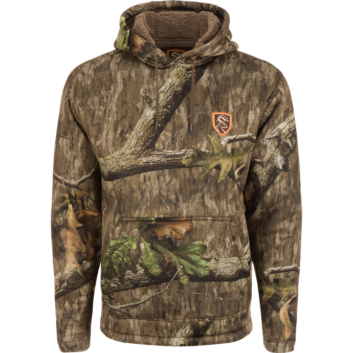 Non-Typical LST Silencer Fleece-Lined Hoodie featuring a camouflage design, double-lined drawstring hood, and kangaroo pouch for warmth and performance in outdoor settings.