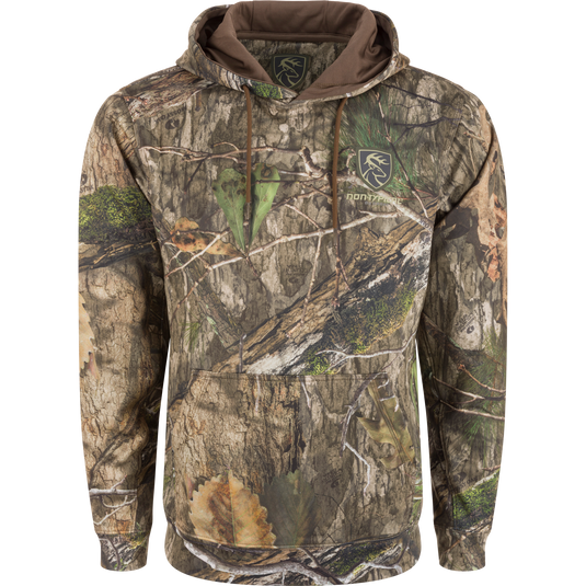 Camouflage Fleece-Lined Performance Hoodie with Scent Control, featuring a double-lined hood and kangaroo pouch for warmth, soft fleece interior, and improved stretch for comfort.