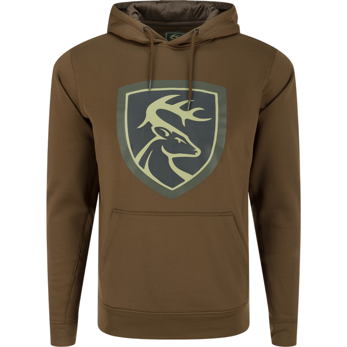 A brown Performance Hoodie with a deer logo, double-lined hood, and kangaroo pouch. Soft, combed fleece interior for comfort and moisture management. Improved stretch and fit for increased range-of-motion.