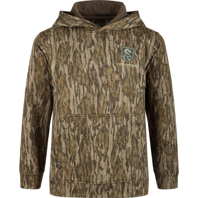 Youth Fleece-Lined Performance Hoodie with Scent Control featuring a camouflage pattern and deer logo, double-lined hood, and kangaroo pouch for warmth and comfort.