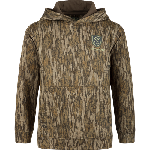 Youth Fleece-Lined Performance Hoodie with Scent Control featuring a camouflage pattern and deer logo, double-lined hood, and kangaroo pouch for warmth and comfort.