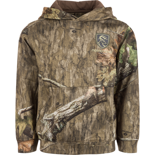 Youth Fleece-Lined Performance Hoodie with Scent Control featuring a camouflage design, double-lined hood, kangaroo pouch, and deer logo, ideal for hunting and outdoor activities.
