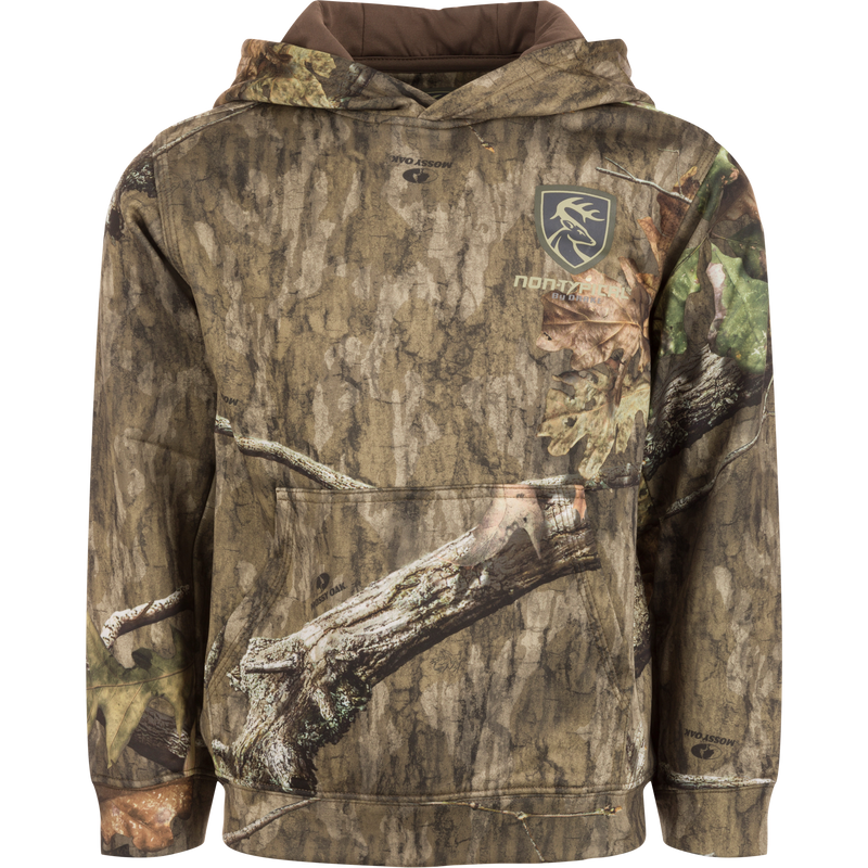 Youth Fleece-Lined Performance Hoodie with Scent Control featuring a camouflage design, double-lined hood, kangaroo pouch, and deer logo, ideal for hunting and outdoor activities.