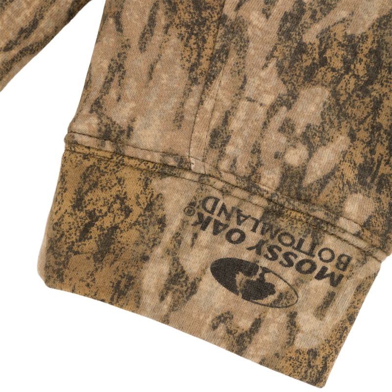 Close-up of the Non-Typical Three-End Camo Hoodie fabric, highlighting its soft cotton-polyester blend and textured camouflage pattern.