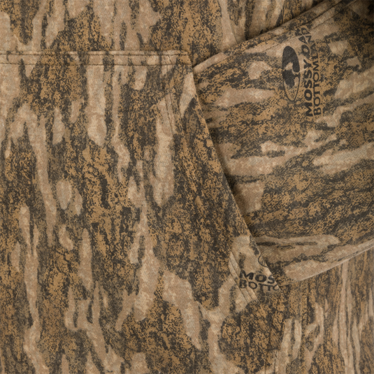 Close-up of the kangaroo pocket on the Non-Typical Three-End Camo Hoodie, highlighting the soft fabric texture and detailed stitching.