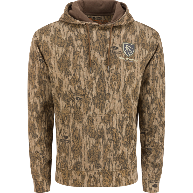 Non-Typical Three-End Camo Hoodie featuring a deer logo, kangaroo pocket, lined hood with drawstrings, and a zipper, made from a cotton-polyester blend.