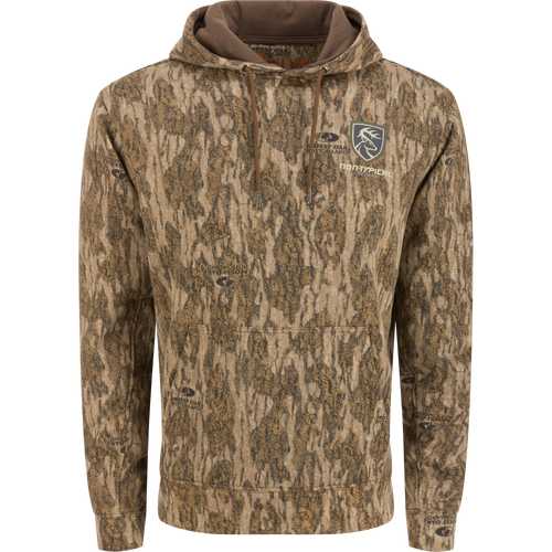 Non-Typical Three-End Camo Hoodie featuring a deer logo, kangaroo pocket, lined hood with drawstrings, and a zipper, made from a cotton-polyester blend.