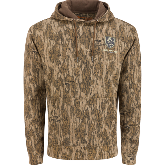 Non-Typical Three-End Camo Hoodie featuring a deer logo, kangaroo pocket, lined hood with drawstrings, and a zipper, made from a cotton-polyester blend.