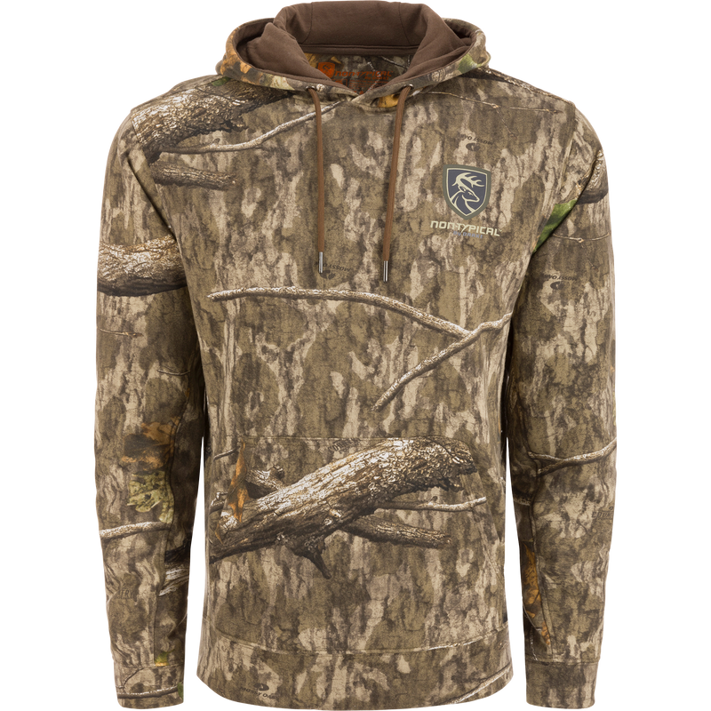 Non-Typical Three-End Camo Hoodie featuring a deer logo, kangaroo pocket, and adjustable lined hood for versatile wear.