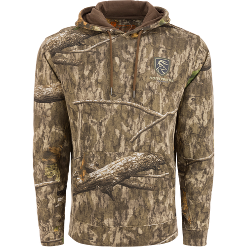 Non-Typical Three-End Camo Hoodie featuring a deer logo, kangaroo pocket, and adjustable lined hood for versatile wear.