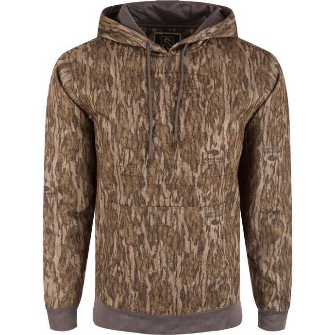 Non-Typical Back Eddy Embossed Hoodie with raised logo, kangaroo pocket, and adjustable hood, designed for durability and water resistance.