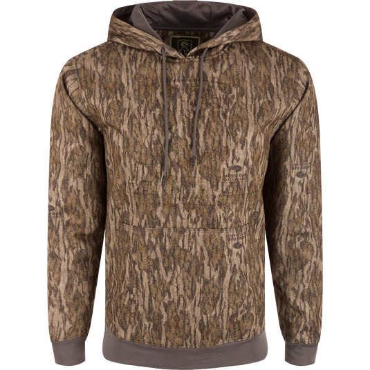 Non-Typical Back Eddy Embossed Hoodie with raised logo, kangaroo pocket, and adjustable hood, designed for durability and water resistance.